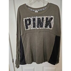 PINK Victoria's Secret Black & Silver Sequins Front/Back Olive Green Black Top L